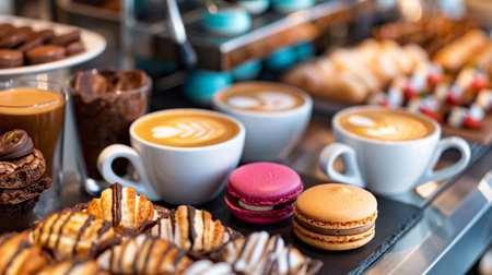 Coffee cup with macaroons and pastries on tableの素材