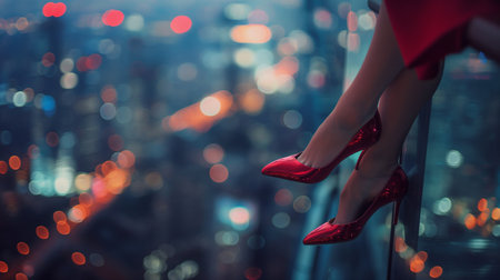 Beautiful woman legs in red high heel shoes on the roof of a skyscraperの素材
