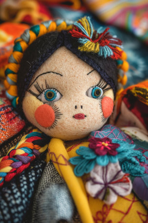 Close up of handmade rag doll on colorful background, selective focus.の素材