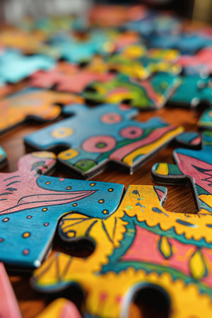 Colorful jigsaw puzzle pieces on wooden table, close-upの素材