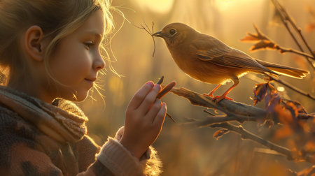 Little girl feeding a bird in the autumn forest. Selective focus.の素材