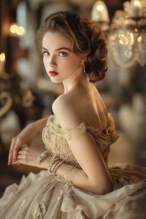 Beautiful young woman in a vintage dress. Beauty, fashion.の素材