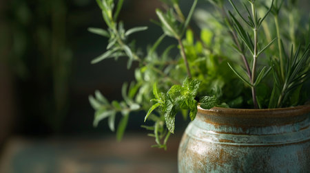 Fresh herbs in a clay pot on a wooden background. Selective focus.の素材