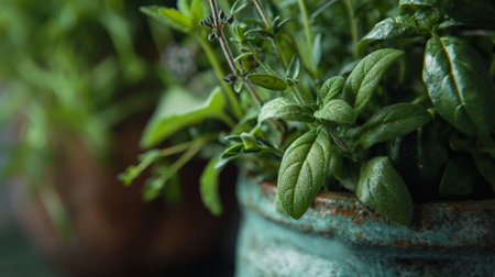 Fresh herbs in a clay pot on the table. Selective focus.の素材