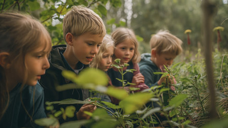 Group of children picking plants in the forest. Selective focus.の素材