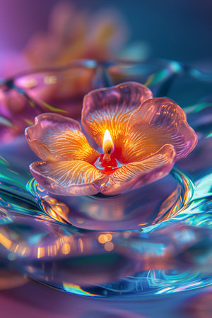 Candle on water with reflection in blue and pink colors. Soft focus.の素材