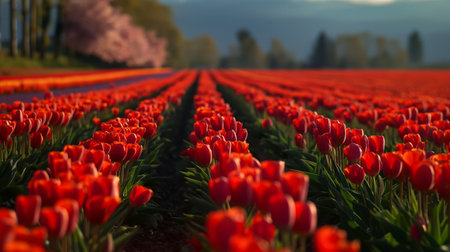 Tulip fields in the Netherlands with flowers in the background.の素材