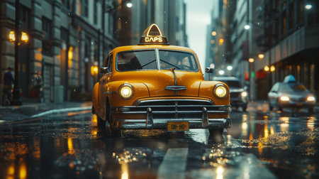 Taxi in the rain on the streets of the European city.の素材