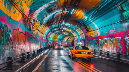 Yellow taxi in tunnel in New York City.の素材