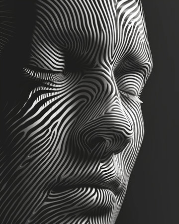 Human face made of black and white stripes. 3D rendering.の素材