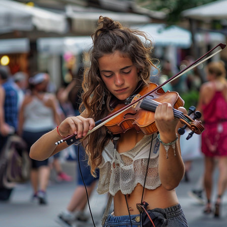 young girl playing violin on the street in the city, summer timeの素材