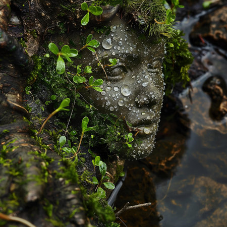 Water drops on the head of a woman in a mossy gardenの素材