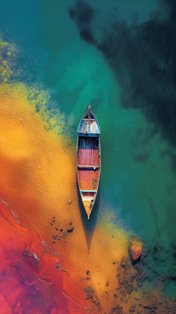 Aerial view of a wooden boat on the sea at sunset.の素材