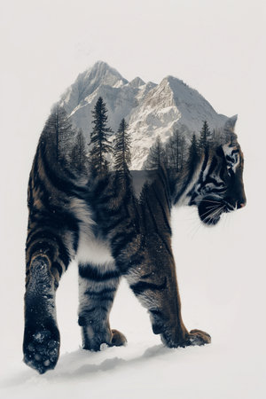 Tiger in the snow with mountains in the background. Digital painting.の素材