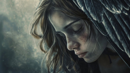Young woman with angel wings in the dark, dramatic and moody imageの素材