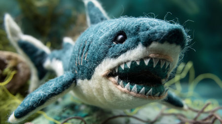 Close up of a toy shark made of wool on a green backgroundの素材