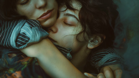 close up portrait of young beautiful couple hugging and kissing in the bedの素材