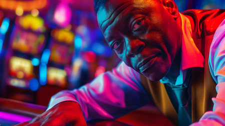 African american man playing slot machine at night club, neon lightの素材