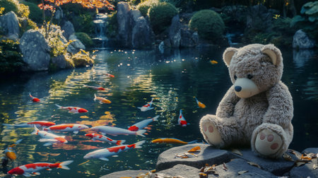Teddy bear and goldfish in the pond at japanese gardenの素材