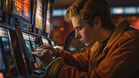Portrait of young man playing slot machine in casino at night.の素材