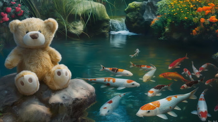 Teddy bear and fish in the aquarium. 3d rendering.の素材