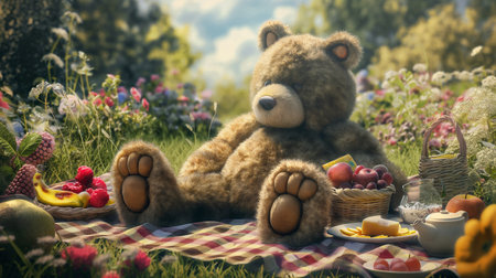 Teddy bear sitting on a picnic blanket in the garden with fruit and vegetablesの素材
