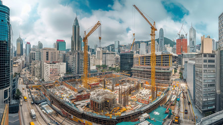 Panoramic view of construction site and skyscrapers in Hong Kongの素材
