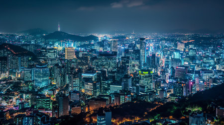 Beautiful architecture building cityscape of Seoul city South Korea at nightの素材