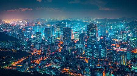 Beautiful architecture building cityscape of Seoul city at night in South Koreaの素材