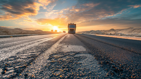 Truck on the road at sunset. Travel and transportation concept.の素材