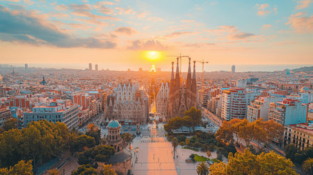 Aerial view of the city of Barcelona at sunset, Spain.の素材