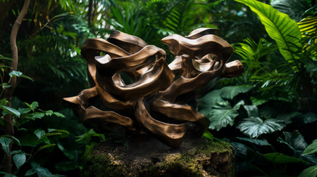 Wooden sculpture in a tropical garden, Thailand. Selective focus.の素材