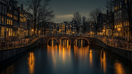 Canal in Amsterdam at night, Holland, Netherlands, Europe.の素材