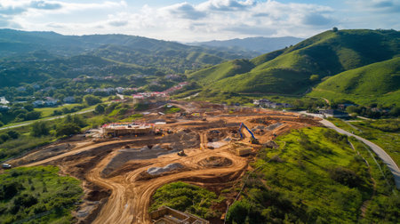Aerial view of a construction site on top of a mountain.の素材