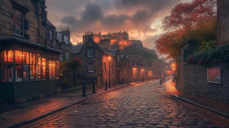 A view of a street in Edinburgh, Scotland, at sunset.の素材