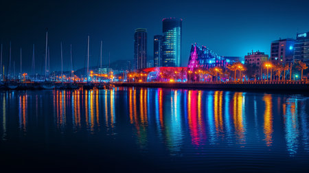 Night view of Yacht Club in Qingdao, China.の素材