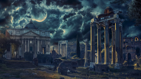 Ruins of the Roman Forum in Rome, Italy at night.の素材