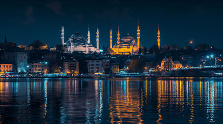 Night view of the Blue Mosque and the Golden Horn in Istanbul, Turkeyの素材