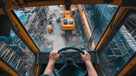 Close-up of hands of a man driving a yellow double decker busの素材