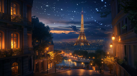 Eiffel Tower in Paris at night, France. 3D renderingの素材