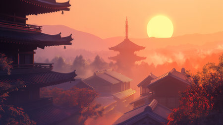 Sunrise over the pagoda in Hangzhou, China. 3D renderingの素材