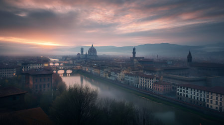 Florence, Tuscany, Italy. Panoramic view of the city at sunset.の素材