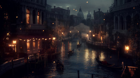 Venice canal at night with gondolas and boats, Italyの素材