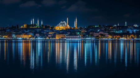 Istanbul cityscape at night with Hagia Sophia and Blue Mosque, Turkeyの素材