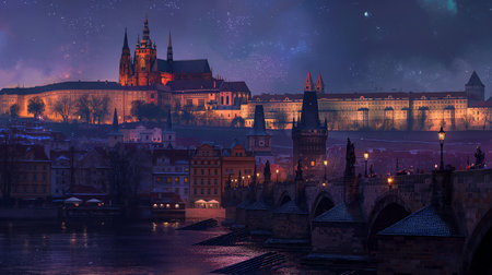 Prague Castle and Charles Bridge at night, Prague, Czech Republicの素材