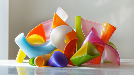 Colorful plastic tableware on the table in the living room.の素材