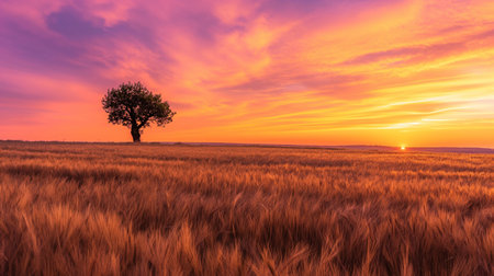 Lonely tree in wheat field at sunset, panoramic viewの素材