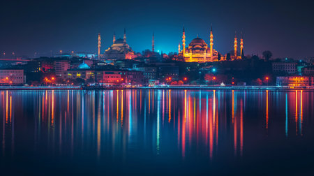 Blue Mosque in Istanbul, Turkey at night with reflection in the waterの素材