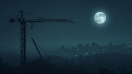 Construction site with cranes and full moon in the night sky.の素材