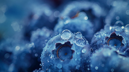 Macro photo of fresh blueberries with water drops. Shallow depth of fieldの素材